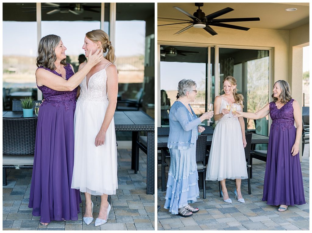 the bride, her mom, and ger grandmother share a toast 