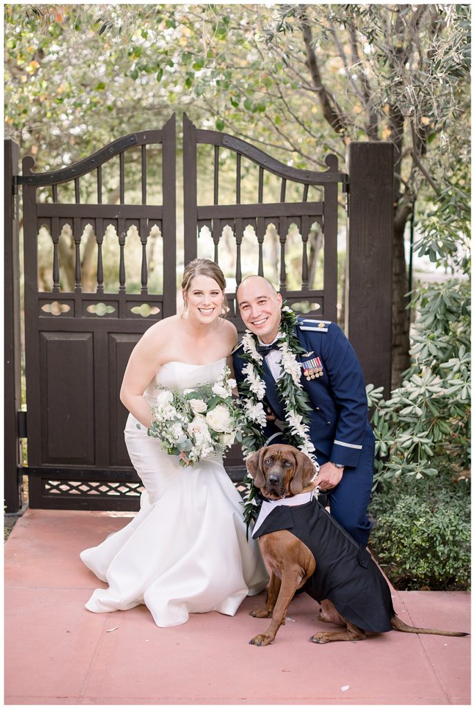 Photos of the bride and groom with their dog at a fall El Chorro Wedding