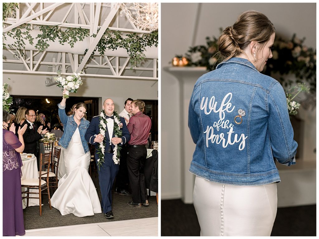 The bride of a fall El Chorro wedding with a "wife of the party" denim jacket on