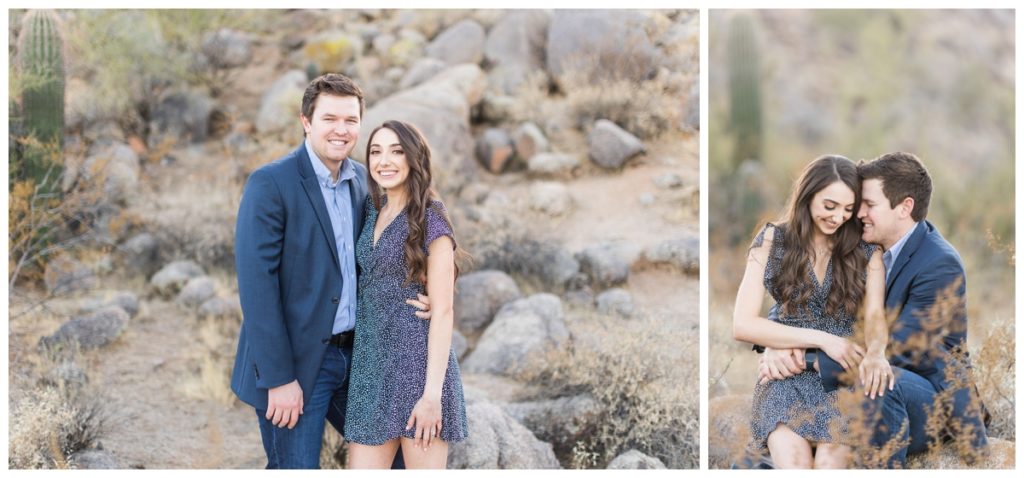 A man and a woman each with dark hair wearing blue tones kiss in the desert in Scottsdale