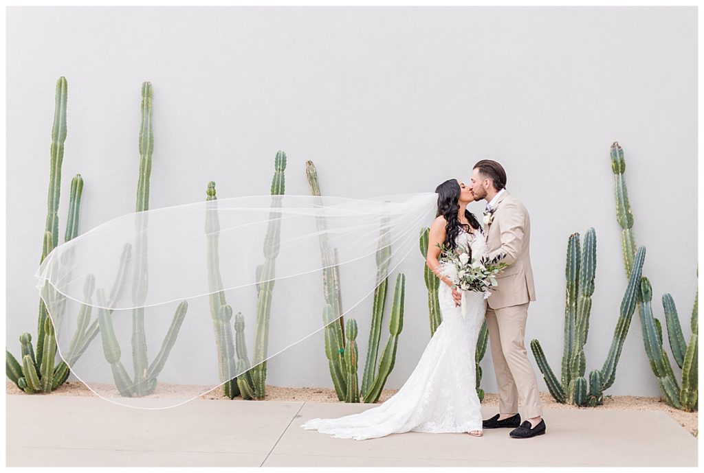 Couple kissing at the Andaz Scottsdale in front of a gray wall with cacti. The woman is wearing a white dress and long veil floating in the wind and the man has a light tan suit on