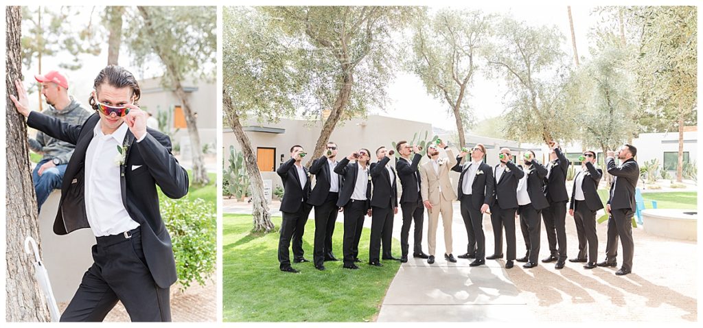 Groomsmen drinking a beer together before a wedding. The groom is in a light tan suit and the groomsmen are in black suits
