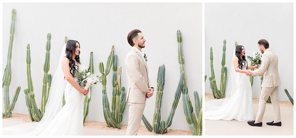 a bride & groom share their first look on their wedding day at the Andaz Scottsdale Resort