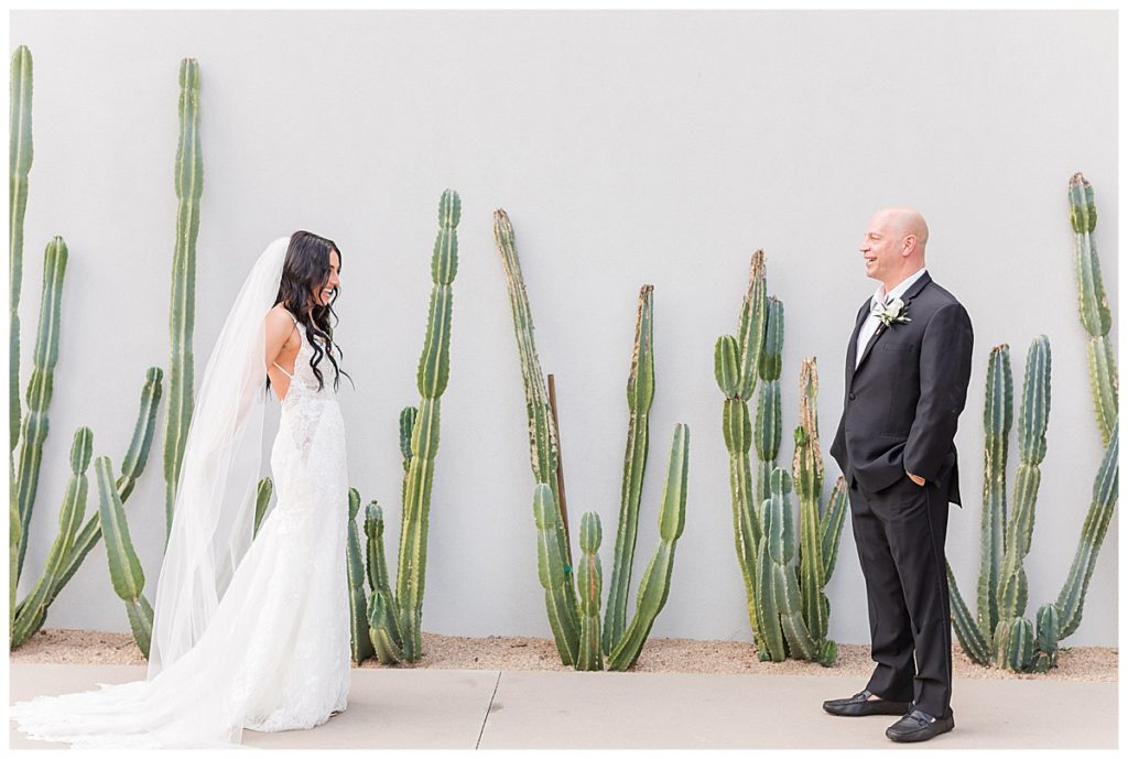 a bride sees her dad for the first time on her wedding day at Andaz Scottsdale