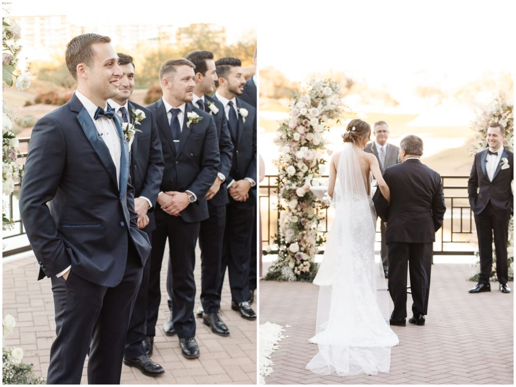 groom watches bride come down aisle with her dad at scottsdale wedding