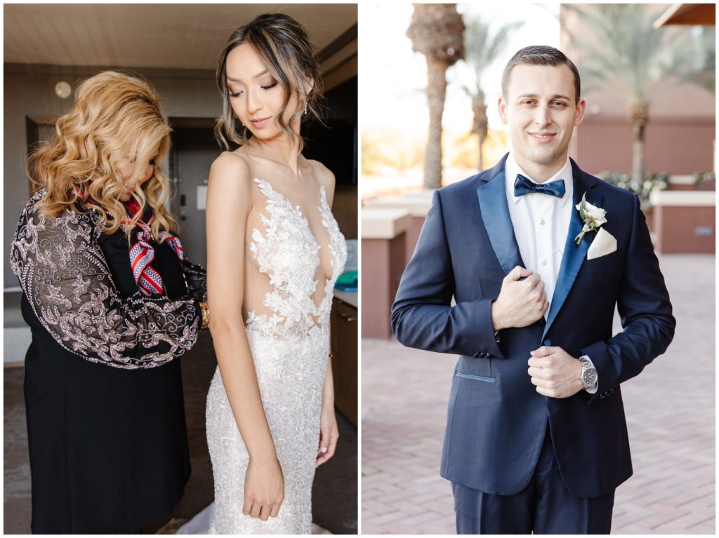 Bride getting zipped into her dress and groom putting on jacket for scottsdale wedding