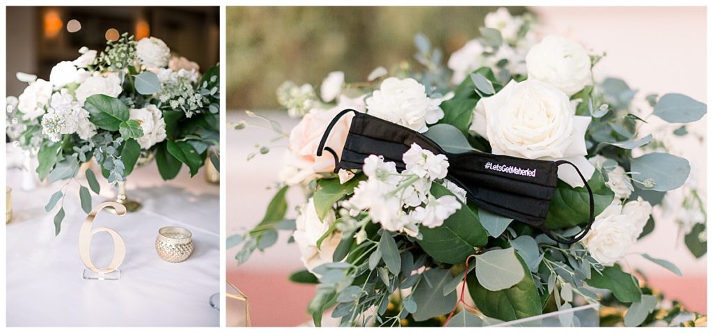 table details with white flowers and a black mask at a fall El Chorro wedding