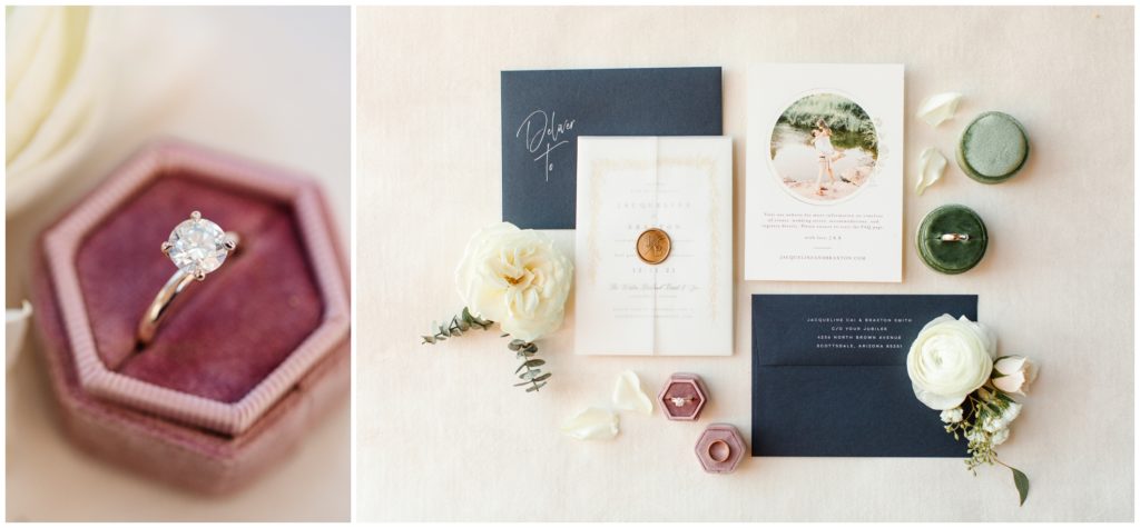Subtle details for a scottsdale wedding- ring in pink ring box, invitation in navy envelope, and loose white blooms