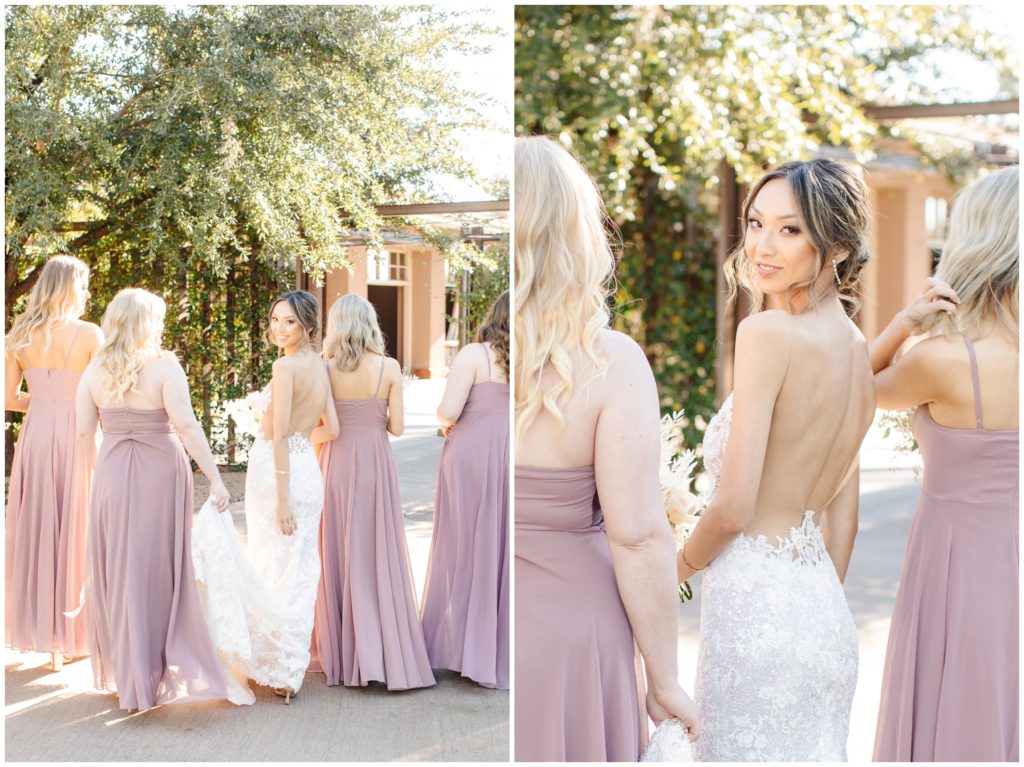 bride and bridesmaids walk away from camera at scottsdale wedding